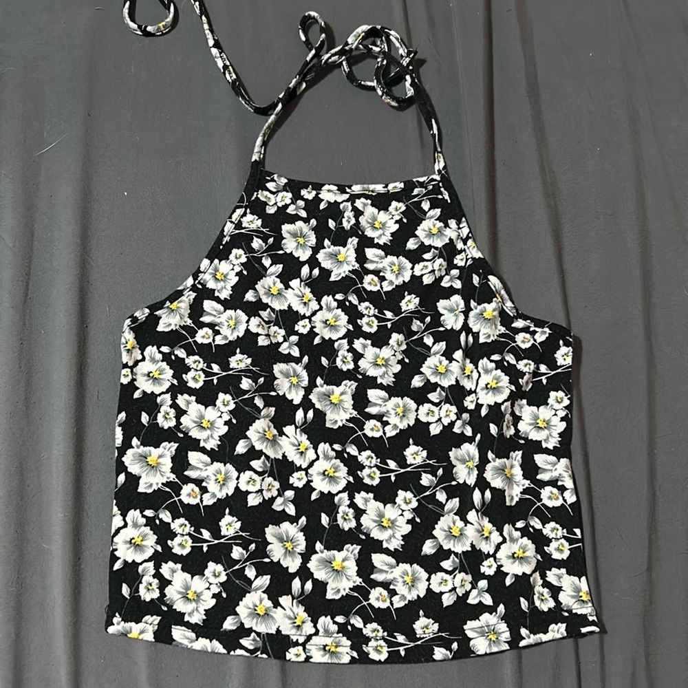 Black floral halter crop